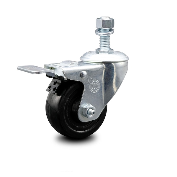 3.5 Inch Hard Rubber Wheel Swivel 1/2 Inch Threaded Stem Caster Total Lock Brake